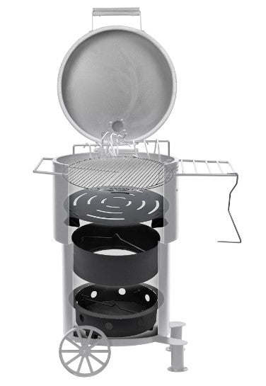 Cutaway view of the Firesmiths Hero Smoker & Grill showcasing its multi-level internal fire management system, including the cooking grate, heat diffuser, charcoal basket, and ash pan for efficient wood-fired smoking and grilling.