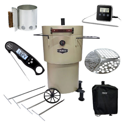 Firesmiths Hero Smoker & Grill with premium accessory bundle including a charcoal starter, digital thermometers, hanging racks, interchangeable cooking grates, and a weather-resistant cover for the ultimate smoking experience.