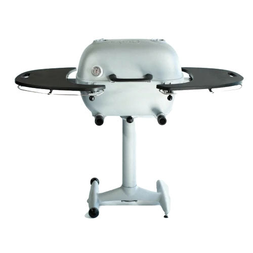 Firesmiths PK Series cast aluminum charcoal grill with dual side shelves, built-in temperature gauge, and pedestal stand, designed for premium grilling and smoking performance.