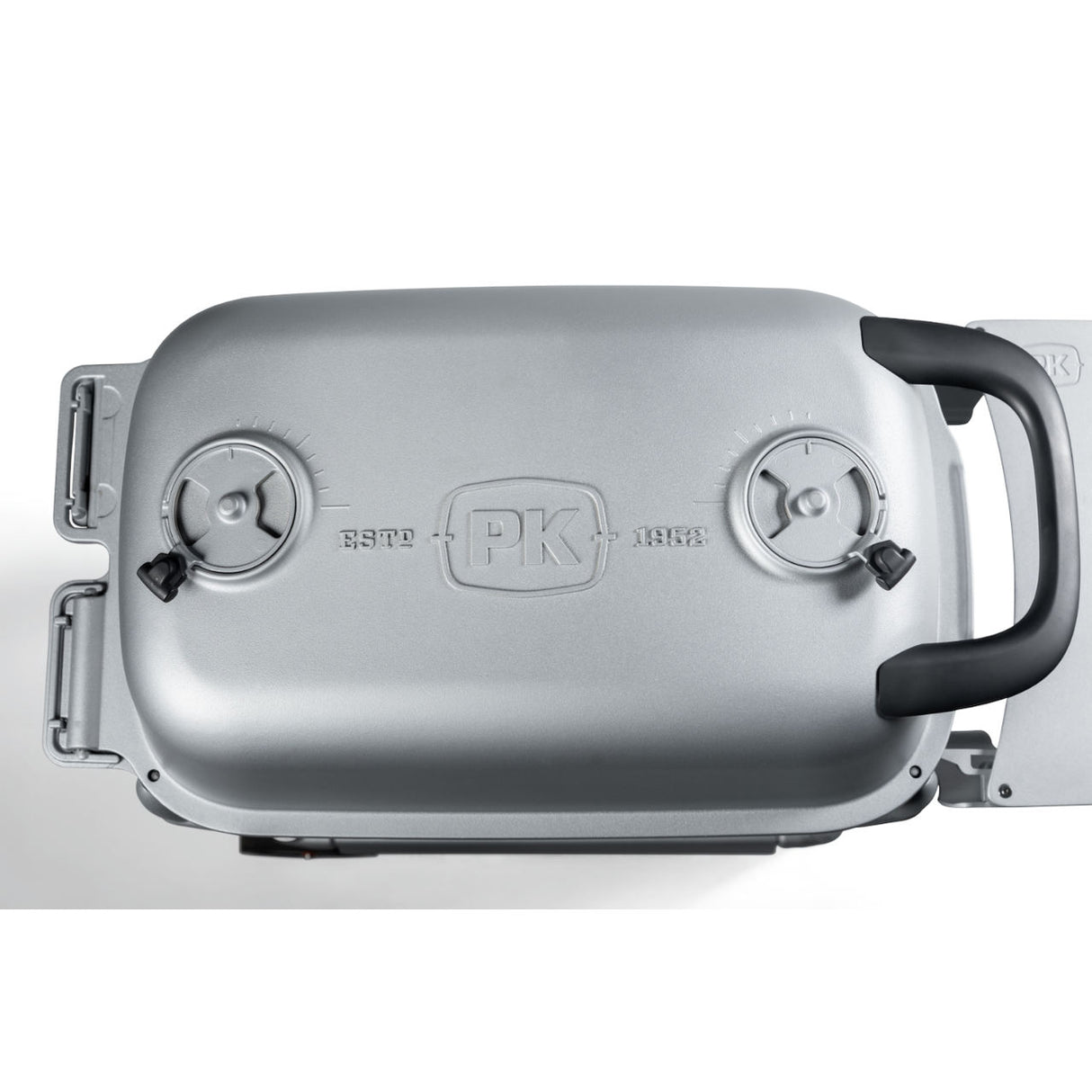 Top view of the Firesmiths PK Series cast aluminum charcoal grill lid featuring dual precision air vents, an ergonomic heat-resistant handle, and the embossed PK logo for exceptional airflow and temperature control.