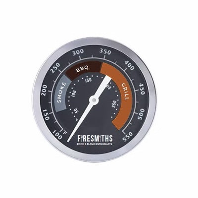Firesmiths premium BBQ temperature gauge with clearly marked smoking, barbecue, and grilling zones, providing accurate heat monitoring for precise wood-fired grilling and smoking.