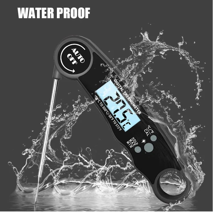 Firesmiths waterproof instant read digital meat thermometer with a fold-out stainless steel probe, providing fast, accurate temperature readings for grilling, smoking, roasting, and barbecuing in any weather.