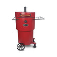 A red vertical charcoal smoker and grill with two side shelves and wheels for mobility. 