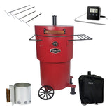 A red vertical charcoal smoker and grill with two side shelves and wheels for mobility. 