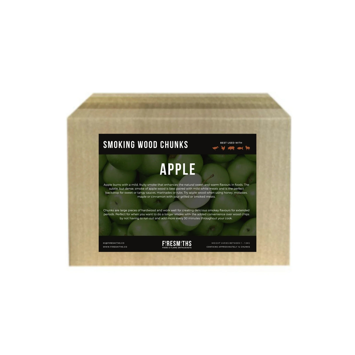 A box of Firesmiths Apple Smoking Wood Chunks for grilling and smoking meats.