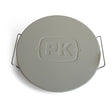 Heavy-duty silver cast iron lid for the Firesmiths portable charcoal braai, featuring integrated side handles and a durable enamel-coated finish for superior heat retention and even cooking.