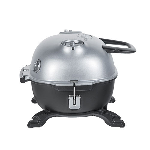 Compact Firesmiths cast iron charcoal braai with a silver domed lid, adjustable air vents, locking lid latch, sturdy carry handles, and a durable pedestal base for portable outdoor grilling and smoking.