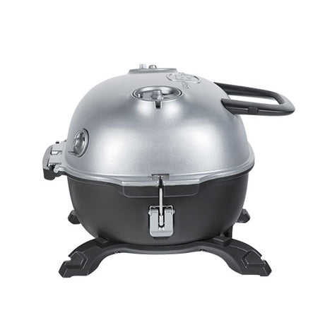 Compact Firesmiths cast iron charcoal braai with a silver domed lid, adjustable air vents, locking lid latch, sturdy carry handles, and a durable pedestal base for portable outdoor grilling and smoking.