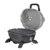 Firesmiths cast iron charcoal braai with the lid open, revealing the heavy-duty cast iron cooking grate, adjustable airflow vents, locking lid latch, carry handle, and sturdy feet for premium outdoor grilling and smoking.