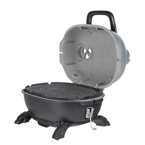 Firesmiths cast iron charcoal braai with the lid open, showcasing the cast iron cooking grate, adjustable airflow system, locking lid latch, sturdy carry handle, and durable pedestal base for high-performance outdoor grilling and smoking.