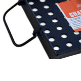 Heavy-duty perforated steel charcoal basket with integrated carry handles, designed for the Firesmiths Hero Smoker & Grill to improve airflow, fuel efficiency, and easy charcoal management.