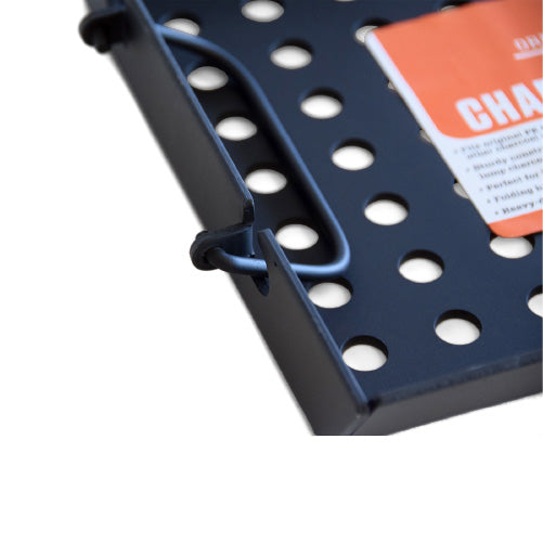 Heavy-duty perforated steel charcoal basket with integrated carry handles, designed for the Firesmiths Hero Smoker & Grill to improve airflow, fuel efficiency, and easy charcoal management.