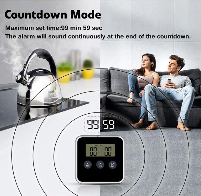 Firesmiths digital BBQ thermometer featuring a programmable countdown timer, stainless steel temperature probe, and audible alarm for accurate monitoring of grilling, smoking, and cooking times.