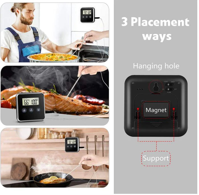 Firesmiths digital BBQ thermometer with a stainless steel temperature probe, featuring magnetic mounting, a hanging hole, and a built-in stand for convenient use while grilling, smoking, and cooking.