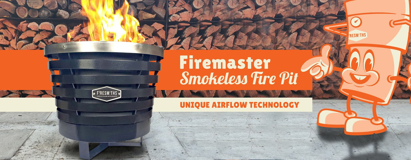 Promotional Firesmiths Firemaster Smokeless Fire Pit banner featuring the smokeless fire pit with roaring flames, unique airflow technology, stacked firewood background, and the Smithy mascot.