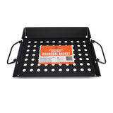 Heavy-duty perforated steel charcoal basket with side handles, designed for efficient airflow, even heat distribution, and easy charcoal management in Firesmiths smokers and grills.