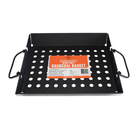 Heavy-duty perforated steel charcoal basket with side handles, designed for efficient airflow, even heat distribution, and easy charcoal management in Firesmiths smokers and grills.