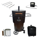 Firesmiths Hero Smoker & Grill Essential Accessory Bundle in the Bronze Edition, including stainless steel meat hanging hooks, a digital BBQ thermometer, charcoal chimney starter, and a weather-resistant cover for premium wood-fired smoking and grilling.