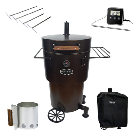 Firesmiths Hero Smoker & Grill Essential Accessory Bundle in the Bronze Edition, including stainless steel meat hanging hooks, a digital BBQ thermometer, charcoal chimney starter, and a weather-resistant cover for premium wood-fired smoking and grilling.