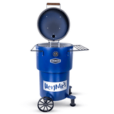 Blue Firesmiths Hero Smoker & Grill with the lid open, revealing the stainless steel cooking grate, featuring HenNie's branding, dual side preparation shelves, transport wheels, and a built-in temperature gauge for premium wood-fired smoking and grilling.