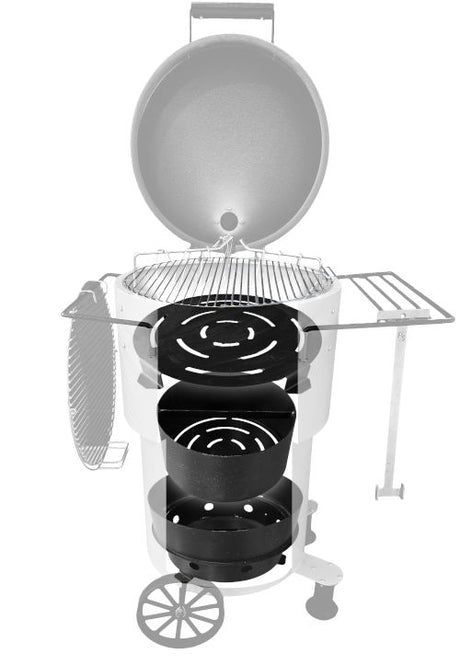 Exploded cutaway diagram of the Firesmiths Hero Smoker & Grill, highlighting the charcoal basket, heat diffuser, cooking grate, ash pan, and precision airflow system for efficient wood-fired smoking and grilling.