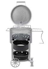 Cutaway view of the Firesmiths Hero Smoker & Grill showcasing its multi-level internal fire management system, including the cooking grate, heat diffuser, charcoal basket, and ash pan for efficient wood-fired smoking and grilling.