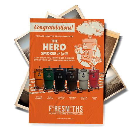 Firesmiths Hero Smoker & Grill owner's welcome guide featuring all available colour options, the Smithy mascot, and essential information to help users get the best performance from their smoker and grill.