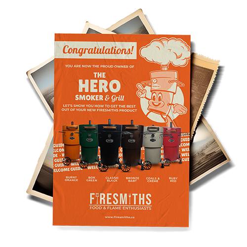 Firesmiths Hero Smoker & Grill owner's welcome guide featuring all available colour options, the Smithy mascot, and essential information to help users get the best performance from their smoker and grill.