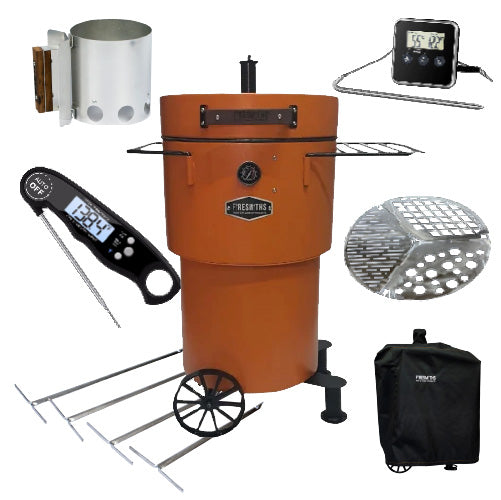 Firesmiths Hero Smoker & Grill Ultimate Bundle in the Burnt Orange finish, including a charcoal chimney starter, digital thermometers, stainless steel meat hanging hooks, modular cooking grates, and a weather-resistant cover for complete wood-fired smoking and grilling.
