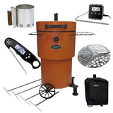 Firesmiths Hero Smoker & Grill Ultimate Bundle in the Burnt Orange finish, including a charcoal chimney starter, digital thermometers, stainless steel meat hanging hooks, modular cooking grates, and a weather-resistant cover for complete wood-fired smoking and grilling.