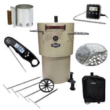 Firesmiths Hero Smoker & Grill Ultimate Bundle in the Coals & Crème finish, including a charcoal chimney starter, digital thermometers, meat hanging hooks, modular cooking grates, and a weather-resistant cover for complete outdoor smoking and grilling.