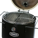 Firesmiths Hero Smoker & Grill with the lid open, showcasing the heavy-duty stainless steel circular cooking grate with integrated lifting handles for even heat distribution and premium wood-fired grilling and smoking.
