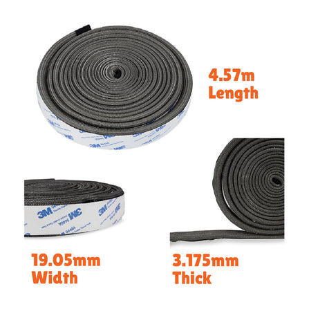 Firesmiths high-temperature smoker gasket seal measuring 4.57 metres long, 19.05 mm wide, and 3.175 mm thick with self-adhesive backing for improved heat retention and smoke sealing.