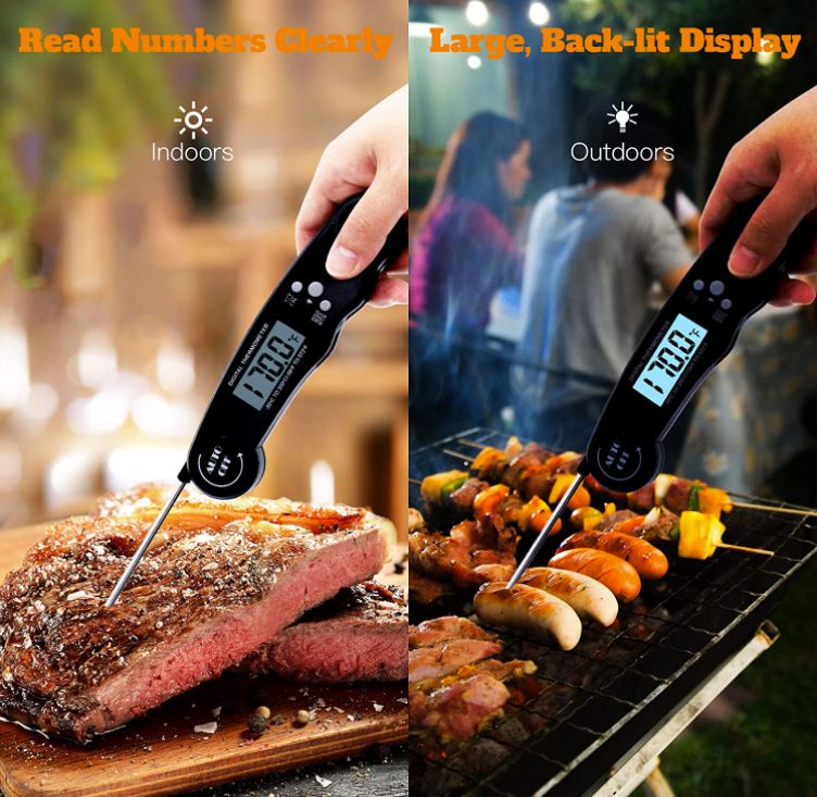 Firesmiths instant read digital meat thermometer with a fold-out stainless steel probe, featuring a large backlit display for fast, accurate temperature readings indoors and outdoors while grilling, smoking, roasting, and barbecuing.