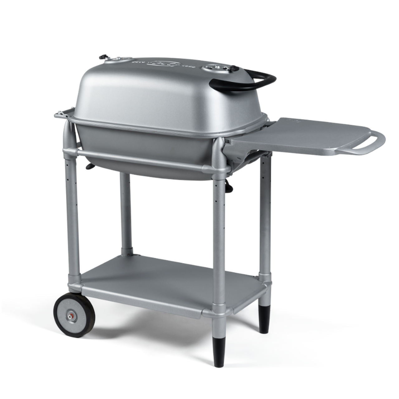 Firesmiths PK360 Silver charcoal grill with a premium rolling cart, integrated utility side shelf, lower storage shelf, cast aluminum body, and precision airflow controls for exceptional grilling and smoking performance.