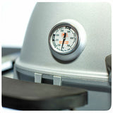 Close-up of the built-in temperature gauge on a Firesmiths PK Series cast aluminum charcoal grill, providing accurate heat monitoring for precise grilling and smoking.