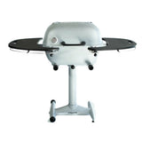 Firesmiths PK Series cast aluminum charcoal grill with dual side shelves, built-in temperature gauge, and pedestal stand, designed for premium grilling and smoking performance.