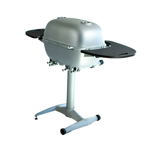 Firesmiths PK Series cast aluminum charcoal grill with dual side shelves, built-in temperature gauge, and pedestal stand, designed for premium grilling and smoking performance.
