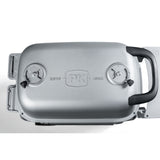 Top view of the Firesmiths PK Series cast aluminum charcoal grill lid featuring dual precision air vents, an ergonomic heat-resistant handle, and the embossed PK logo for exceptional airflow and temperature control.