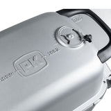 Close-up of the Firesmiths PK Series cast aluminum charcoal grill lid featuring the embossed PK logo, precision adjustable air vent, and durable heat-resistant handle for accurate temperature control.