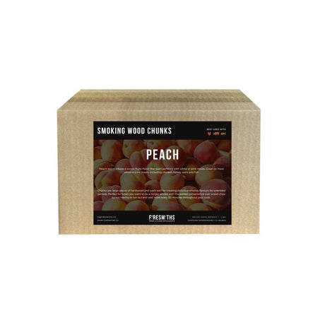 Firesmiths Peach smoking wood chunks for barbecue smoking, delivering a mild, sweet, fruity smoke flavour that's ideal for pork, poultry, seafood, and other wood-fired grilling and smoking recipes.