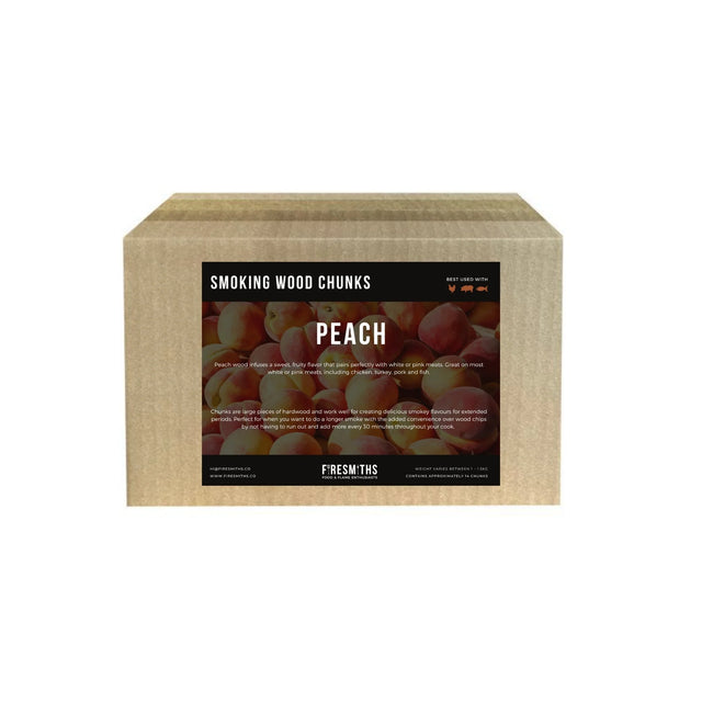 Firesmiths Peach smoking wood chunks for barbecue smoking, delivering a mild, sweet, fruity smoke flavour that's ideal for pork, poultry, seafood, and other wood-fired grilling and smoking recipes.