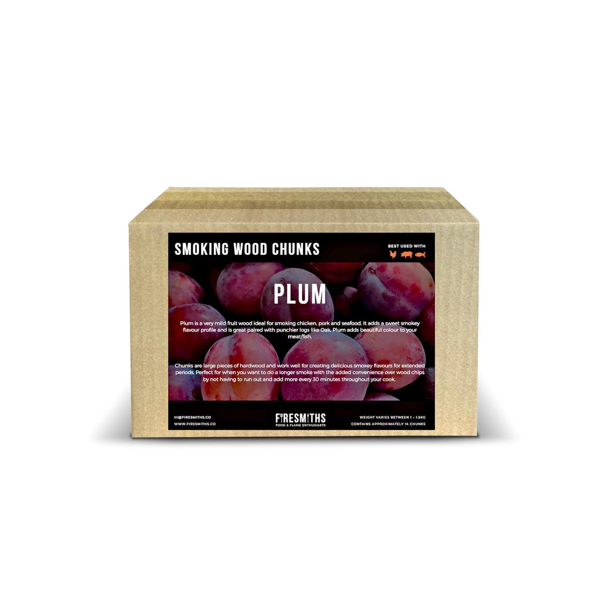Firesmiths Plum smoking wood chunks for barbecue smoking, delivering a sweet, fruity smoke flavour that's ideal for chicken, pork, seafood, and other wood-fired grilling and smoking recipes.