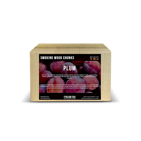 Firesmiths Plum smoking wood chunks for barbecue smoking, delivering a sweet, fruity smoke flavour that's ideal for chicken, pork, seafood, and other wood-fired grilling and smoking recipes.