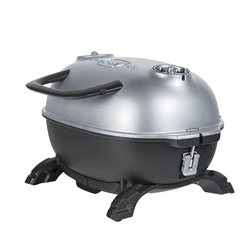 Compact Firesmiths portable cast iron charcoal braai with a silver domed lid, integrated carry handle, adjustable air vent, locking lid latch, and sturdy feet, designed for outdoor braais, camping, and backyard grilling.