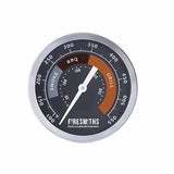 Firesmiths premium BBQ temperature gauge with clearly marked smoking, barbecue, and grilling zones, providing accurate heat monitoring for precise wood-fired grilling and smoking.