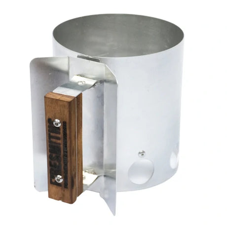 Firesmiths premium charcoal chimney starter with a durable galvanized steel body, ergonomic wooden handle, and large ventilation holes for fast, safe, and efficient charcoal lighting for wood-fired grills and smokers.