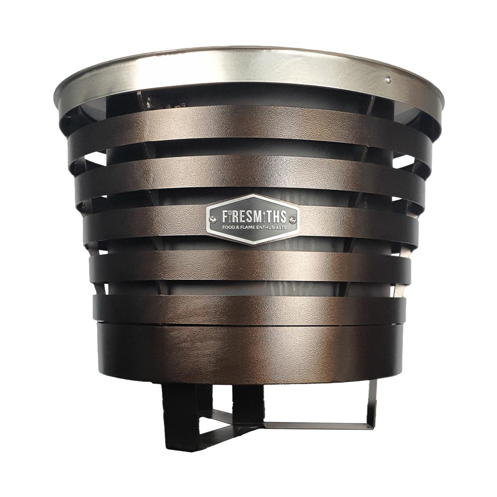Firesmiths smokeless fire pit in a bronze finish, featuring durable steel construction, a double-wall airflow system, and clean-burning low-smoke performance for stylish outdoor entertaining.