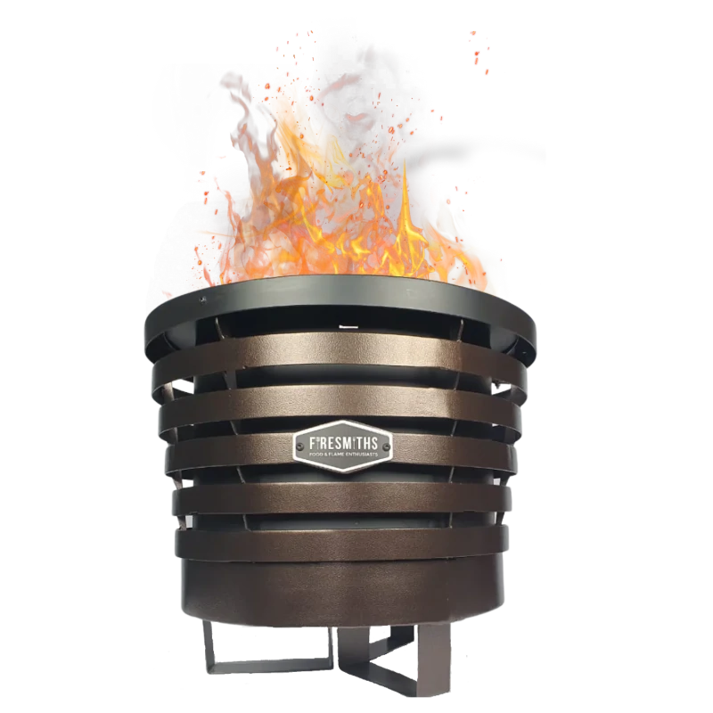Firesmiths Smokeless Fire Pit in a bronze finish with vibrant flames, showcasing clean-burning, low-smoke performance and advanced double-wall airflow technology for outdoor entertaining.