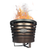 Firesmiths Smokeless Fire Pit in a bronze finish with vibrant flames, showcasing clean-burning, low-smoke performance and advanced double-wall airflow technology for outdoor entertaining.